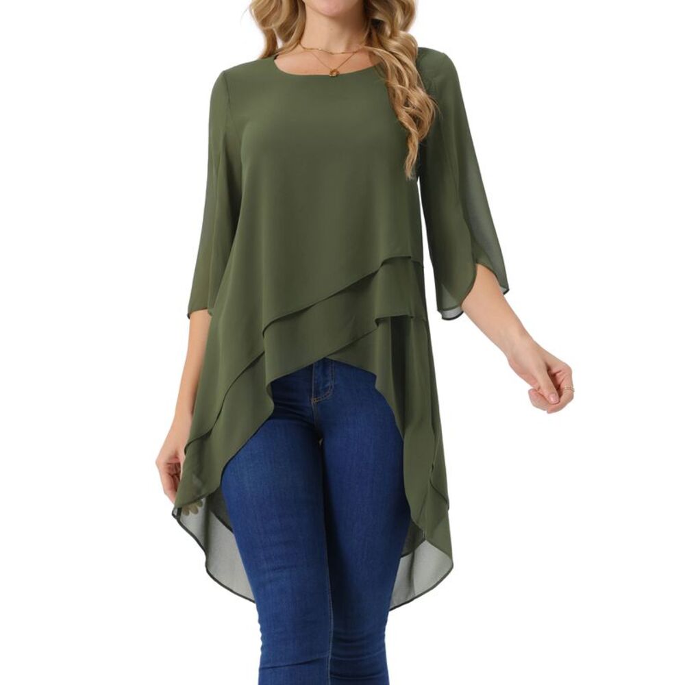 Scoop Neck Chiffon Blouse Asymmetrical Shirt 3/4 Sleeve Casual Tops Army Green